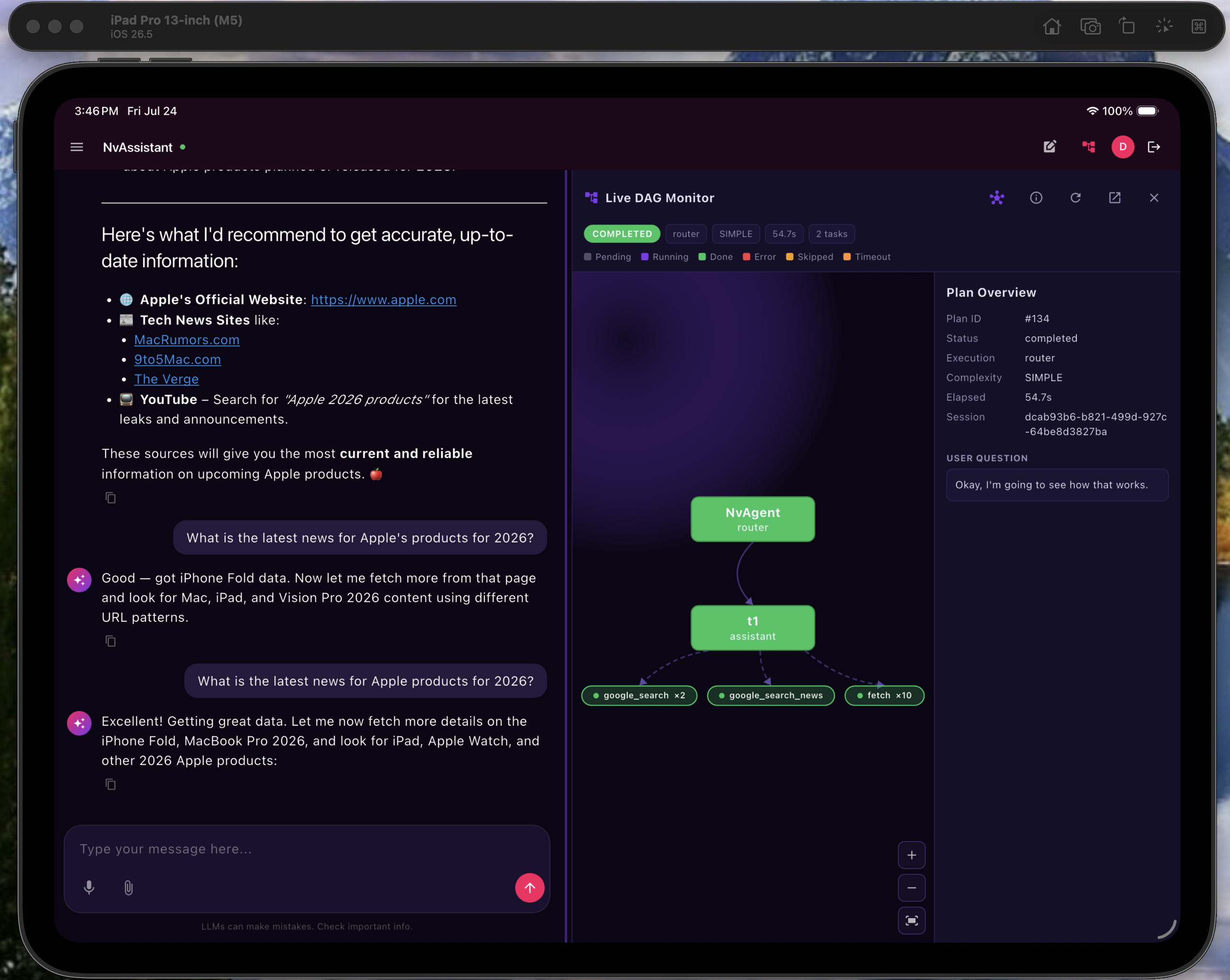 NvAssistant live DAG monitor on iPad — NvAgent router to sub-agents with MCP tool and skill pills
