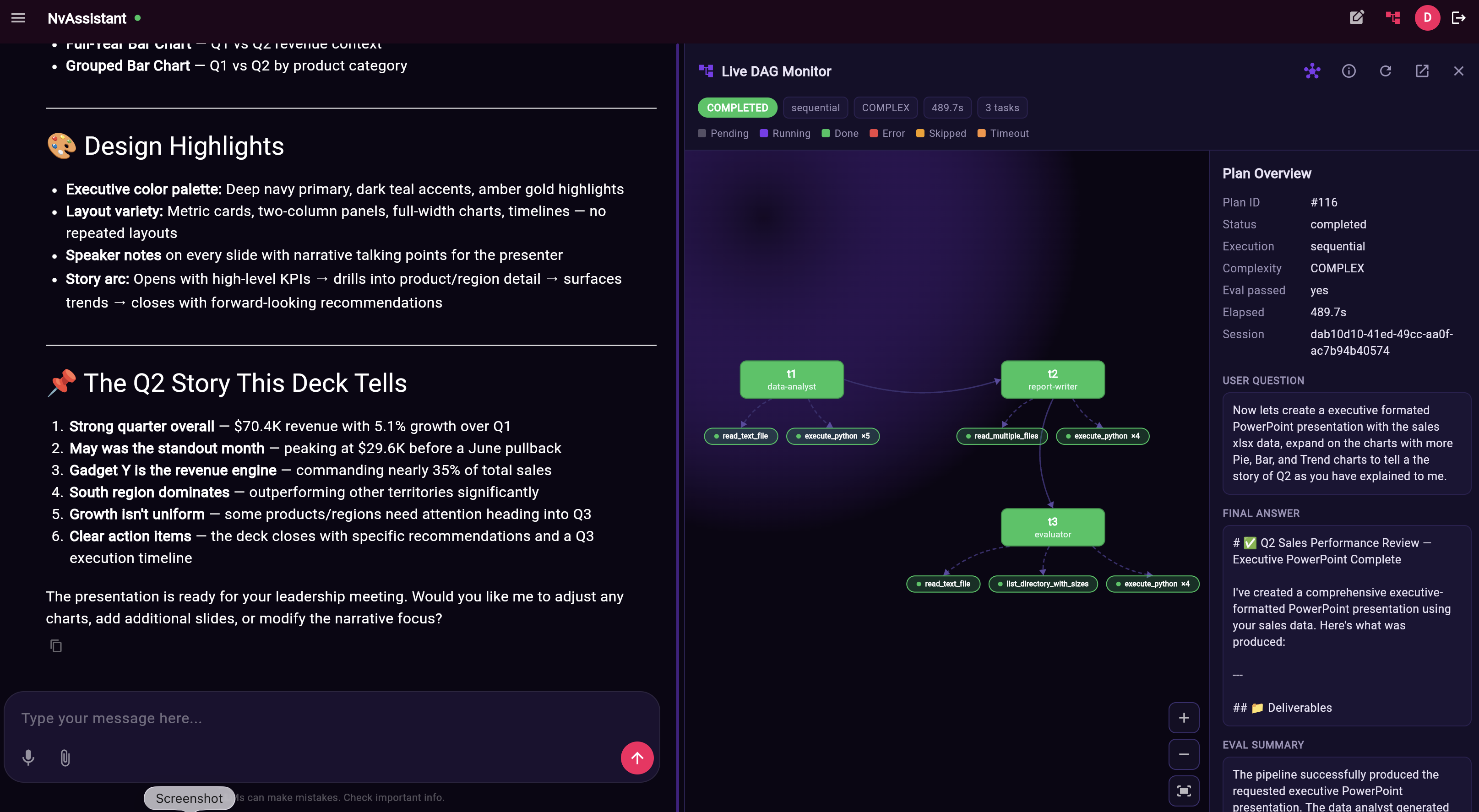 NvAssistant streaming a reply on the web with the thinking channel and DAG monitor
