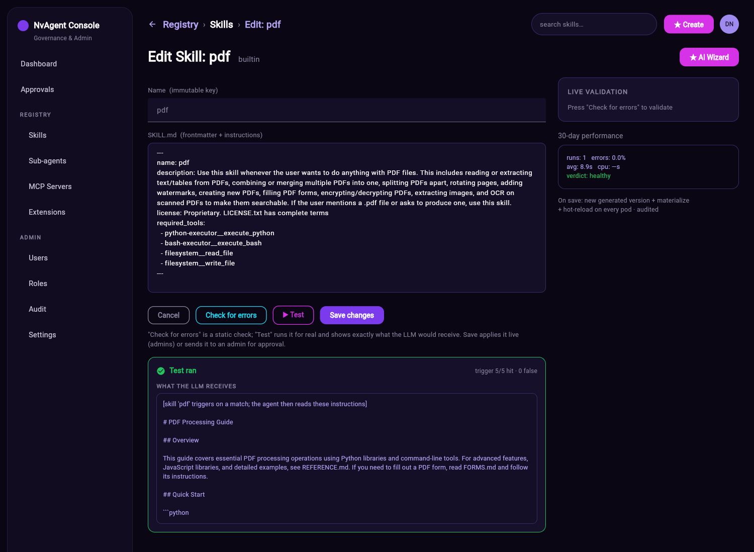 NvAssistant skill edit screen — edit the definition, check for errors, and save through the approval gate