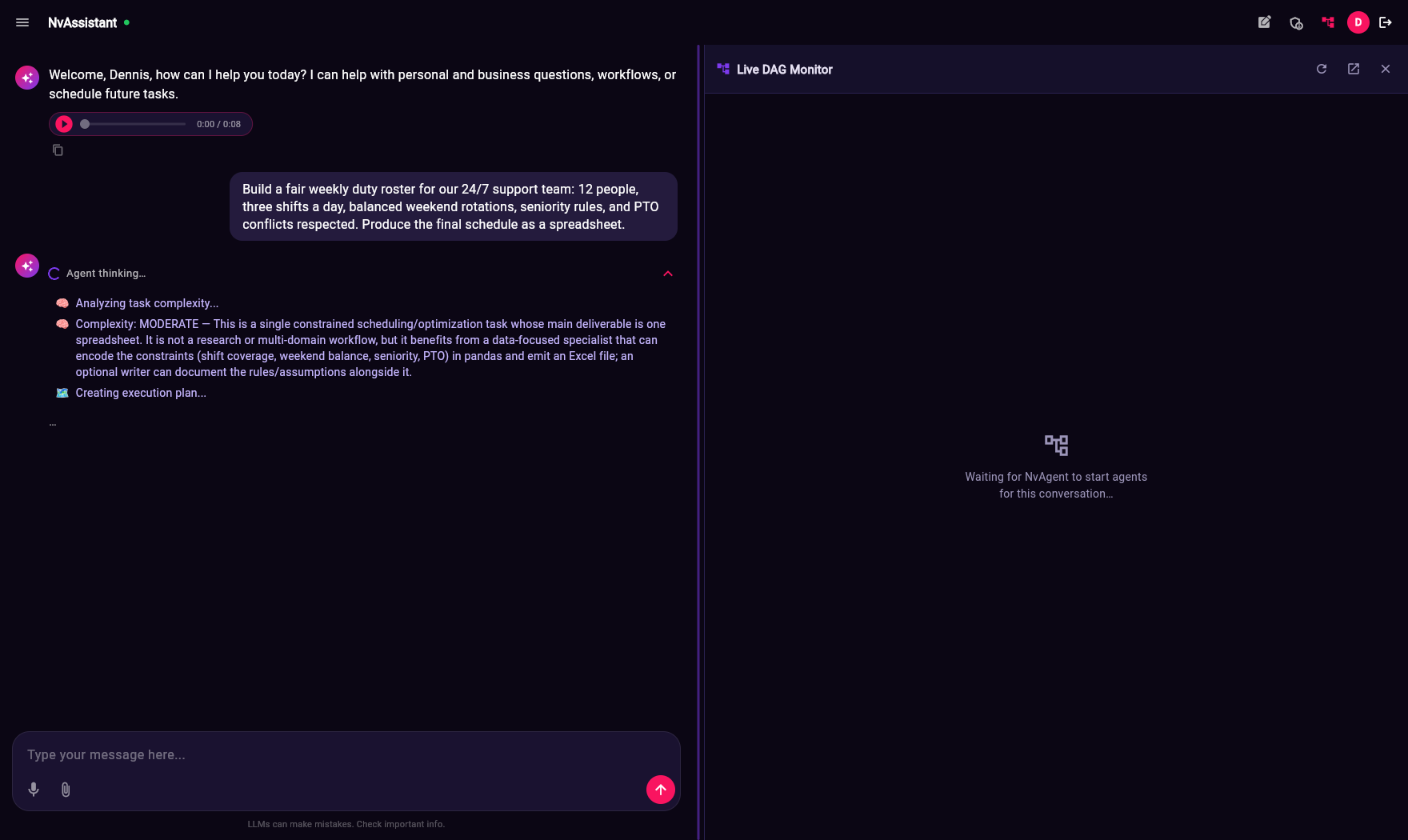 NvAssistant chat turn that triggers NvAgent gap detection — the agent analyses task complexity and records a build suggestion server-side