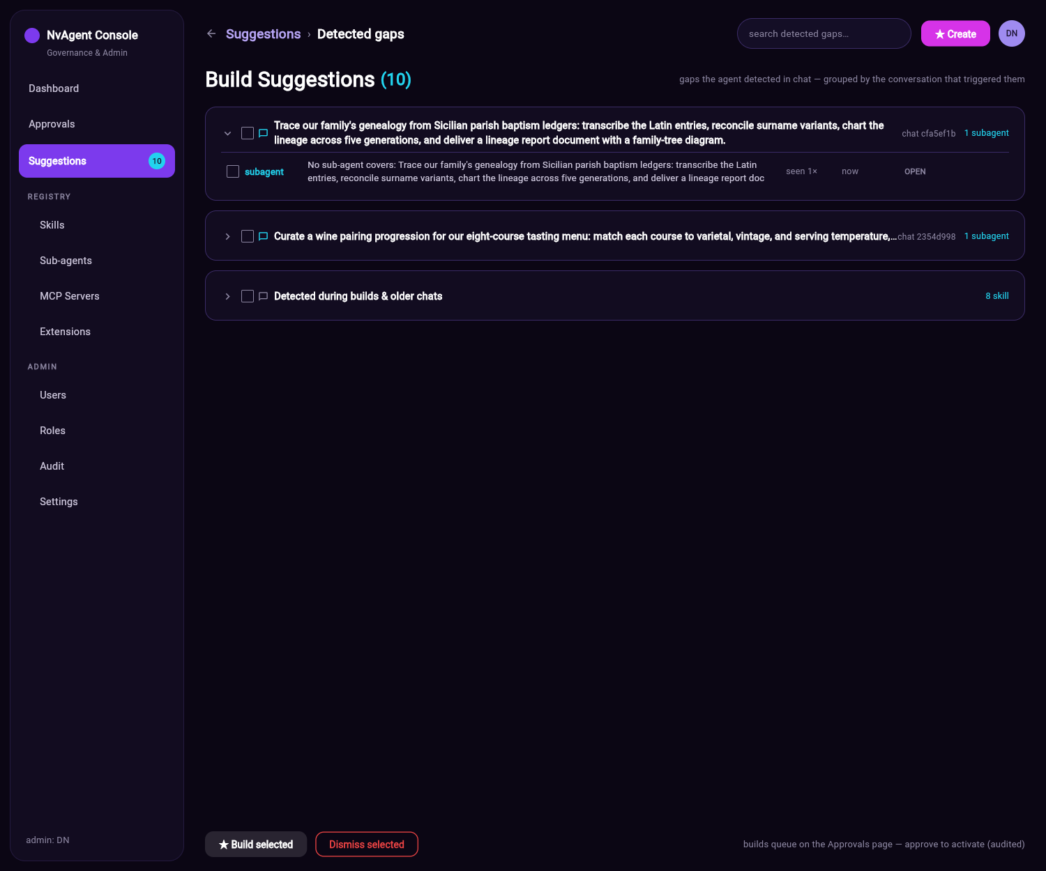 NvAgent build suggestions — capability gaps the AI detected in real conversations