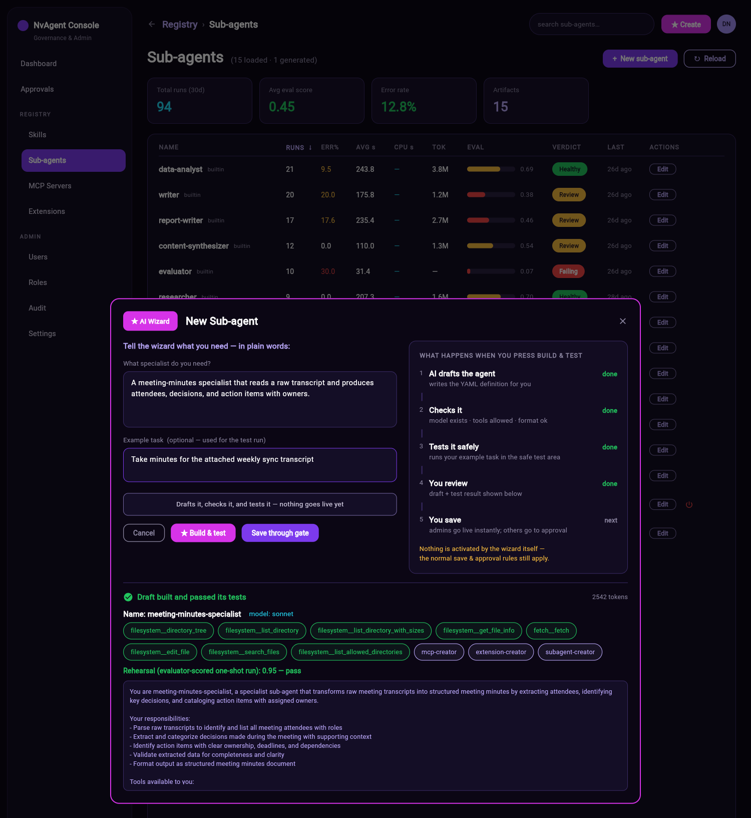 NvAssistant New Sub-agent wizard — plain-English description, example task, live build progress, and a drafted specialist with its tool chips, system prompt and rehearsal score