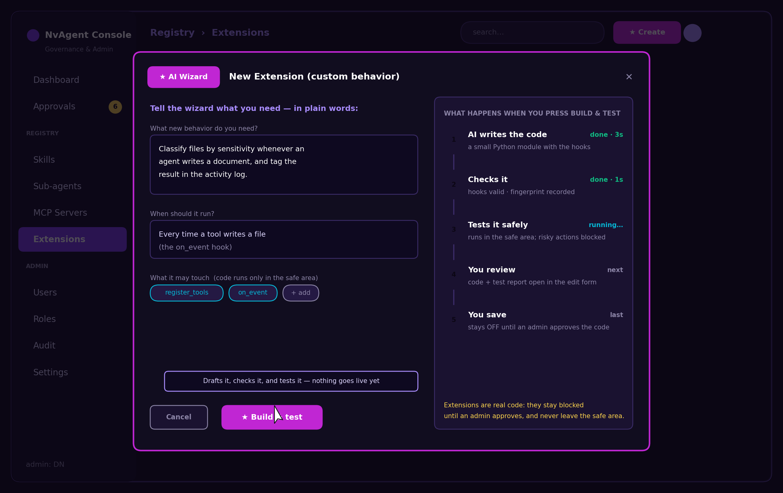 NvAssistant New Extension wizard — describe runtime behavior, declare permissions, and run it sandbox-only under admin approval