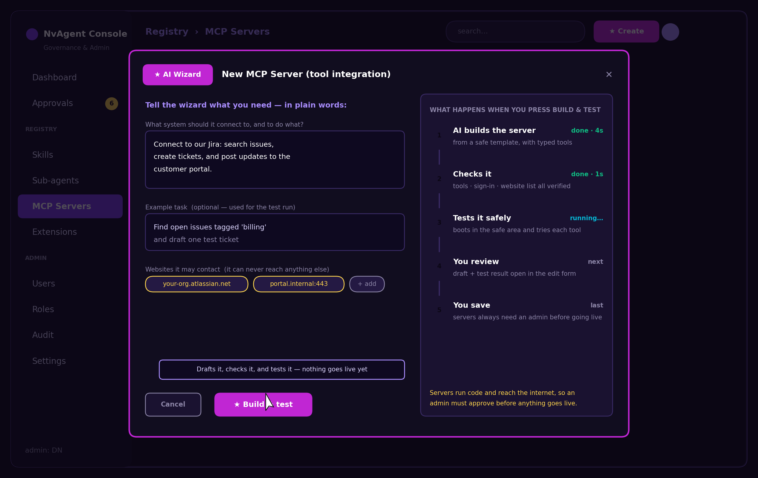 NvAssistant New MCP Server wizard — describe the system to connect to, an example task, and the exact list of websites it may ever contact